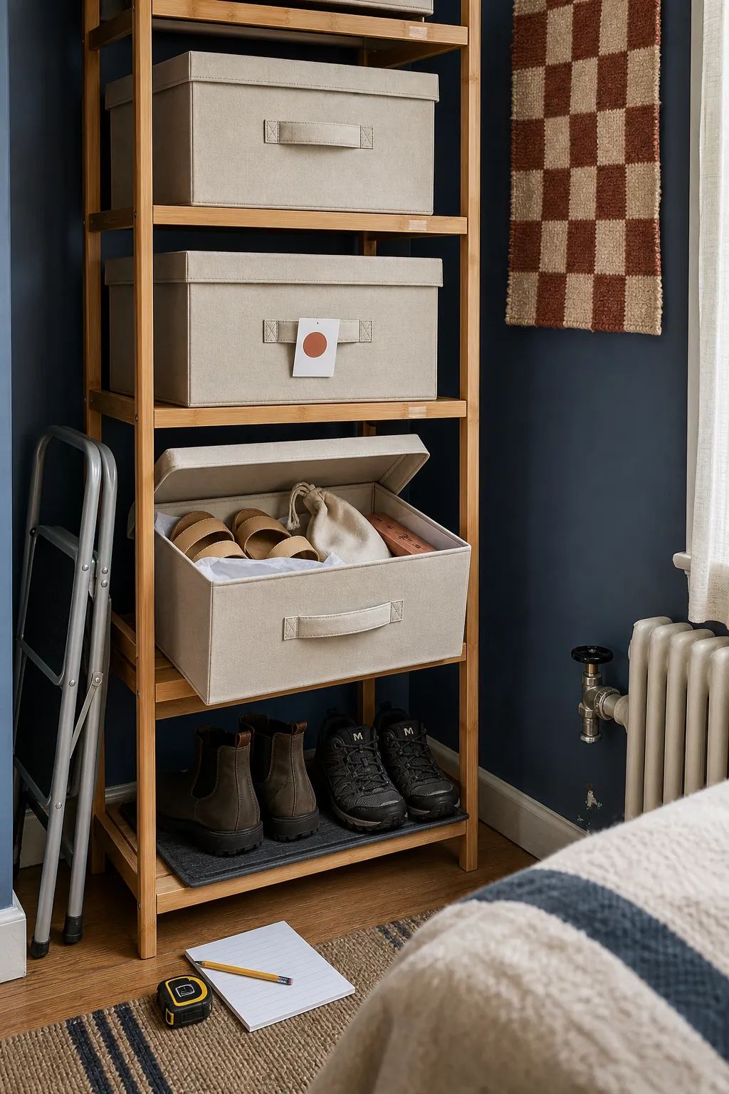 Seasonal shoes packed in breathable labeled boxes on a high bedroom shelf
