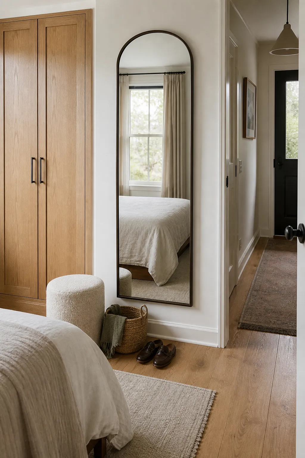 Elegant full length mirror connecting a bedroom dressing area to an entryway
