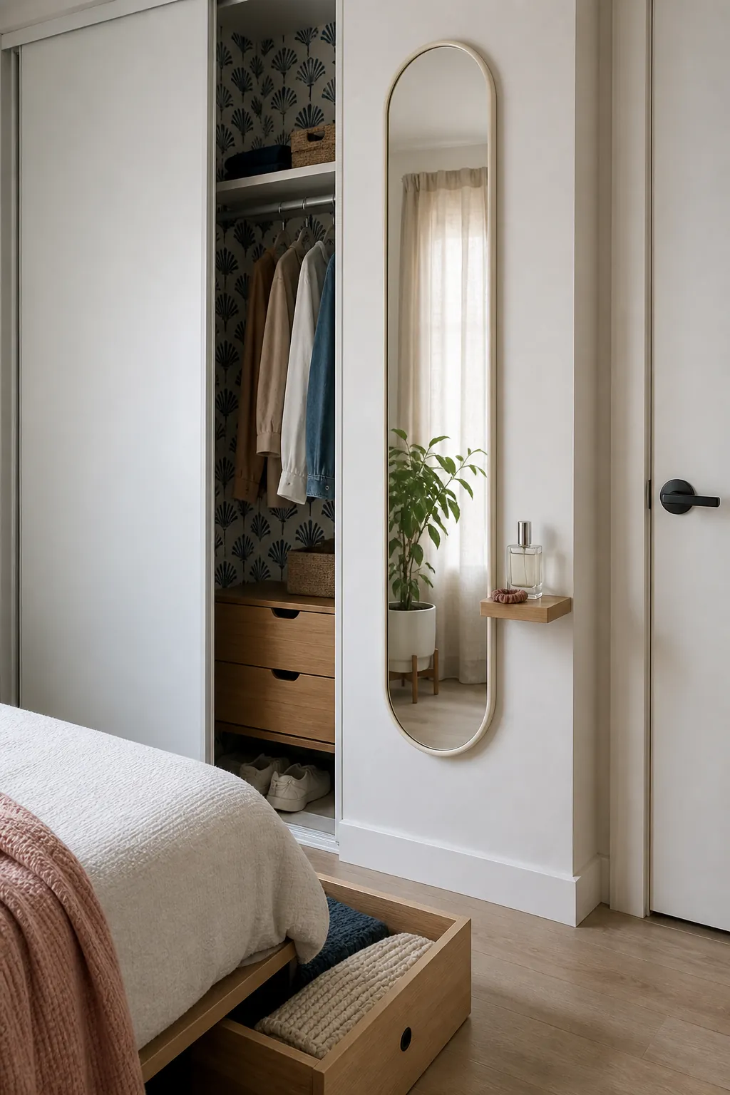 Slim full length wall mirror on an overlooked small bedroom wall