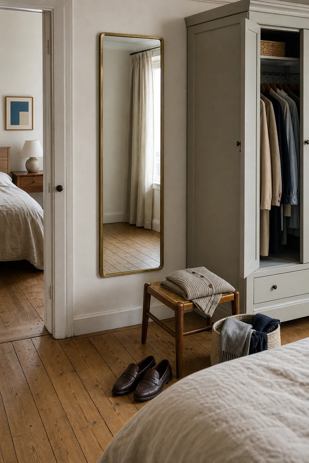Full length mirror beside a bedroom wardrobe dressing zone