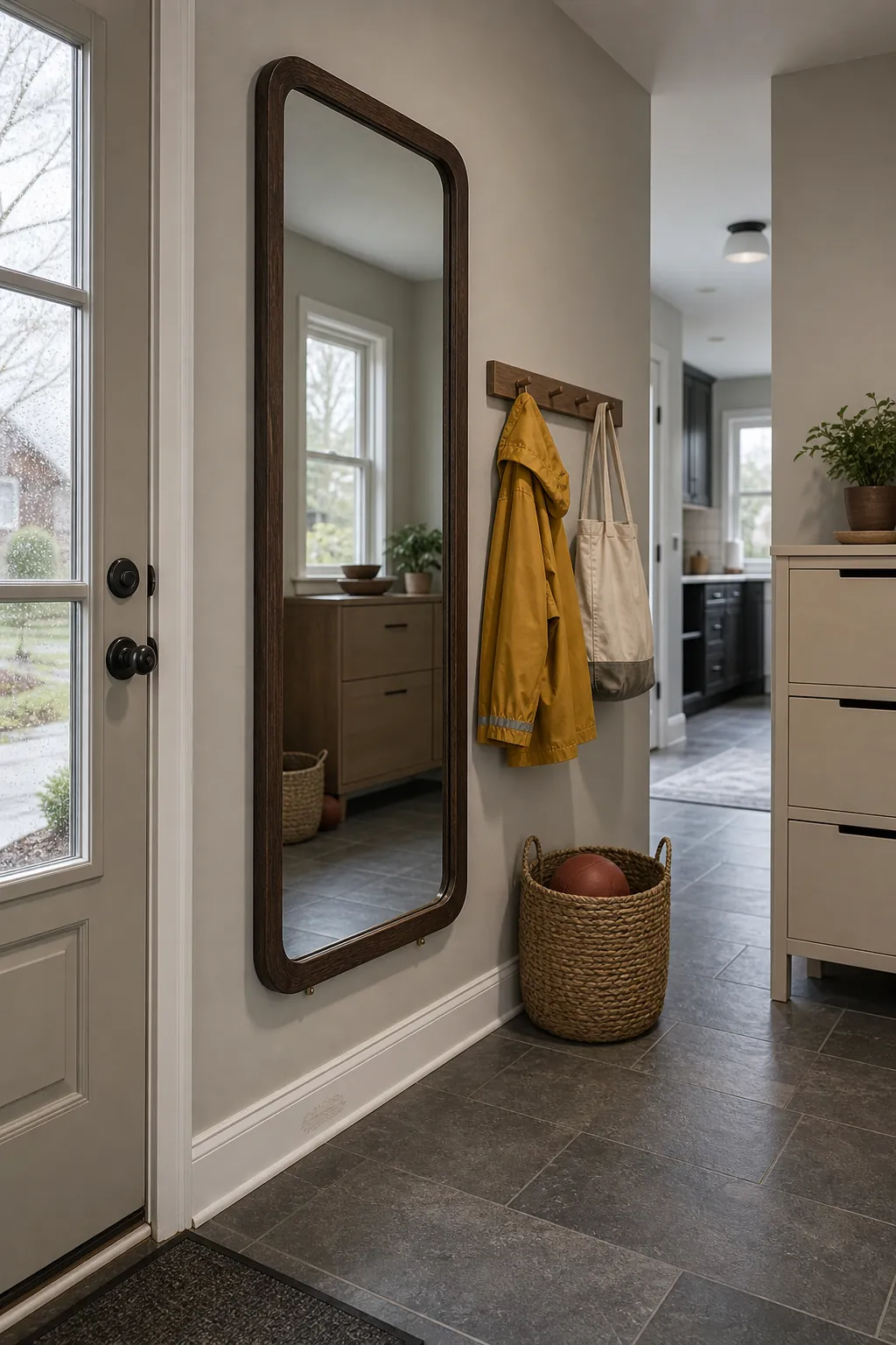 Securely wall mounted full length mirror in a busy entryway