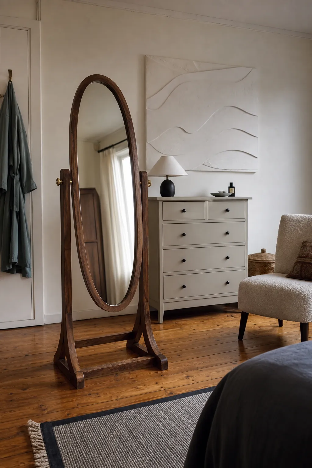 Stable freestanding cheval mirror in a renter friendly bedroom