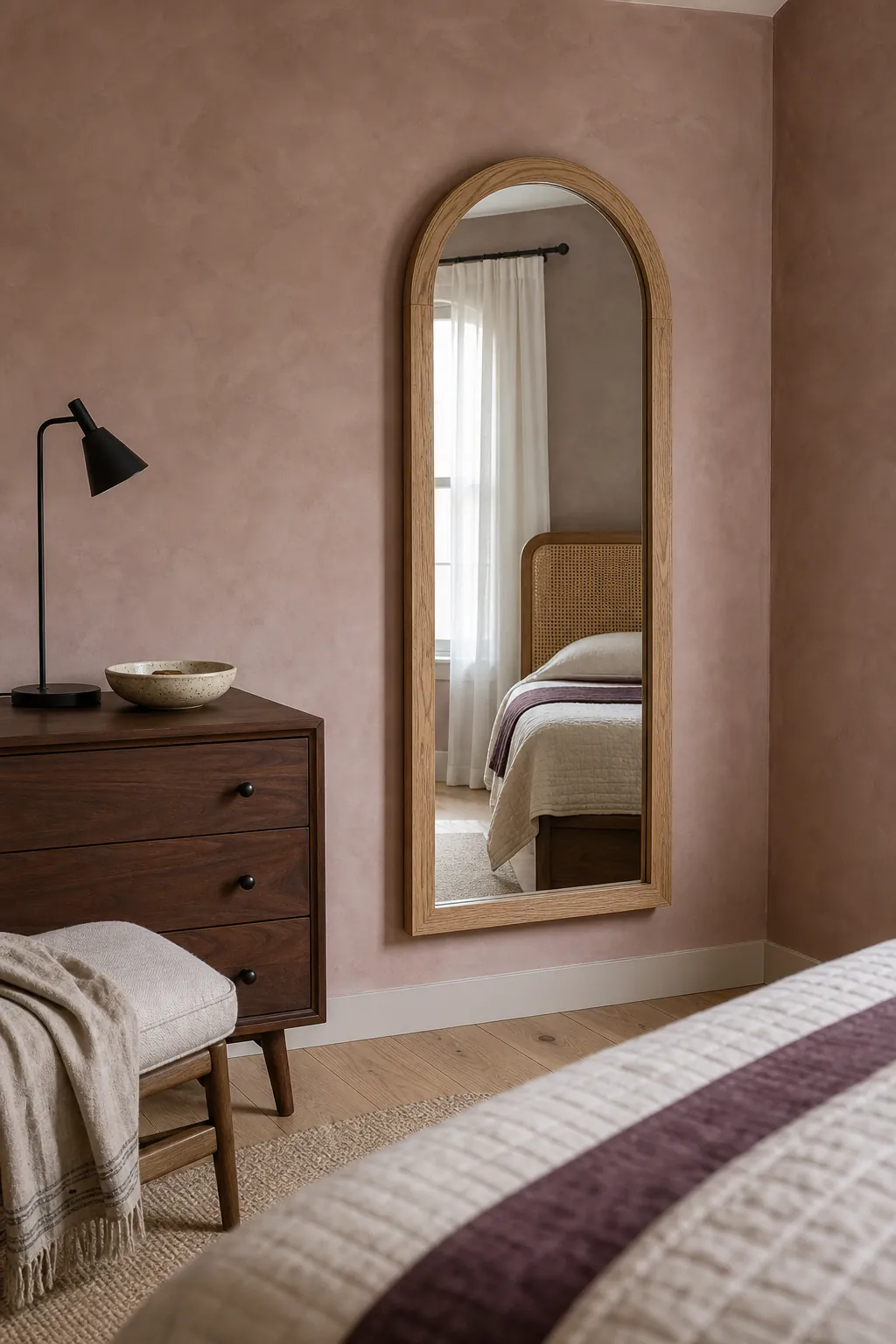 Arched wood full length mirror coordinated with bedroom materials