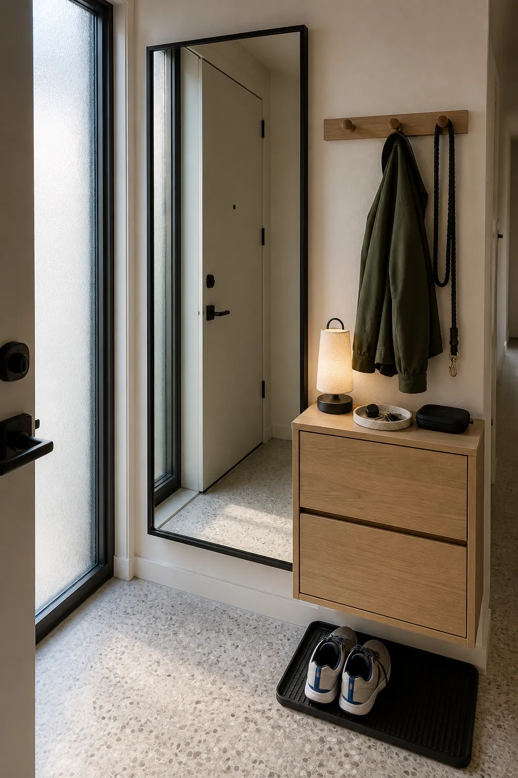 Full length entryway mirror with a practical last look station