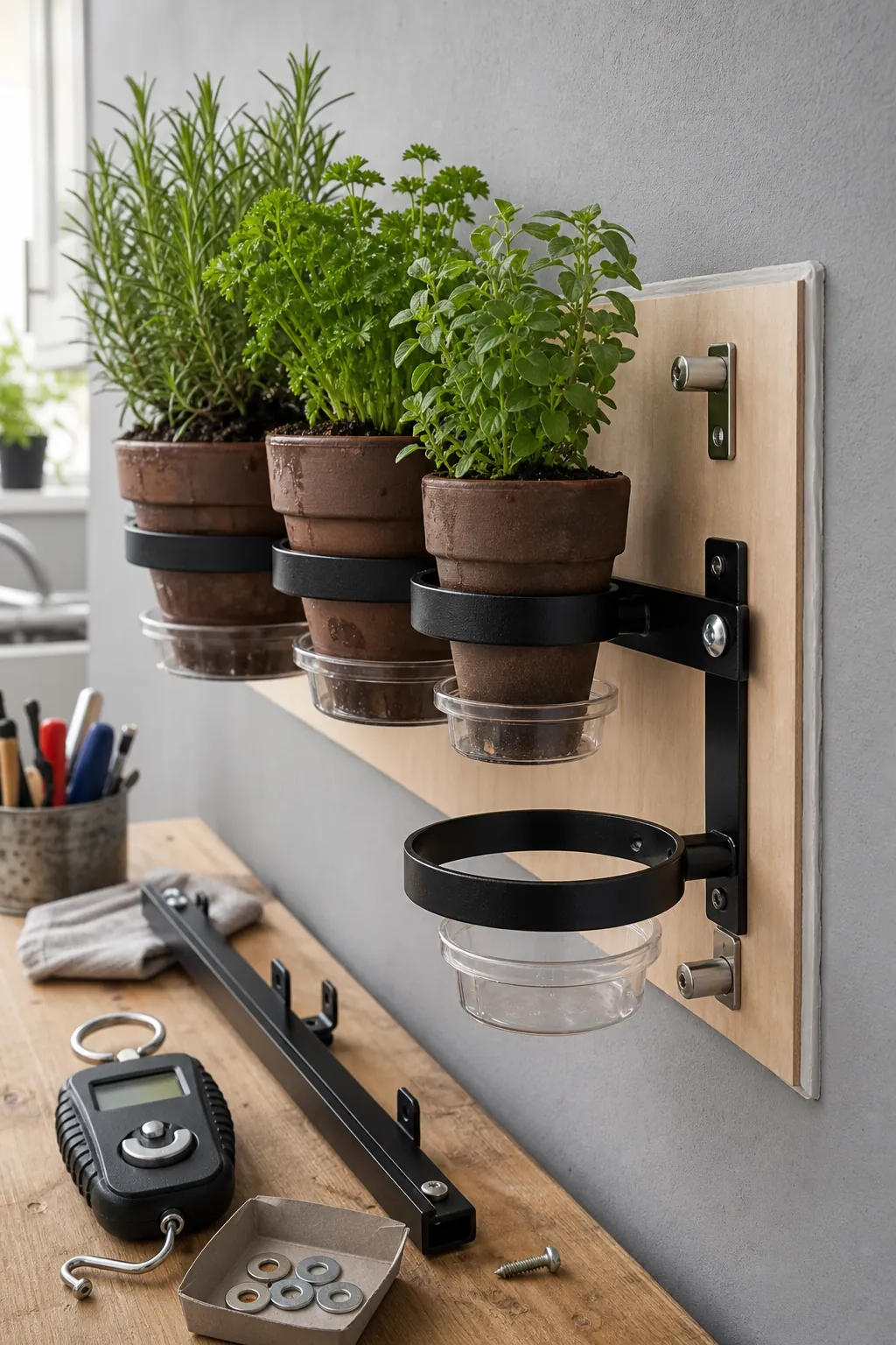 Secure indoor herb wall hardware supporting watered removable pots