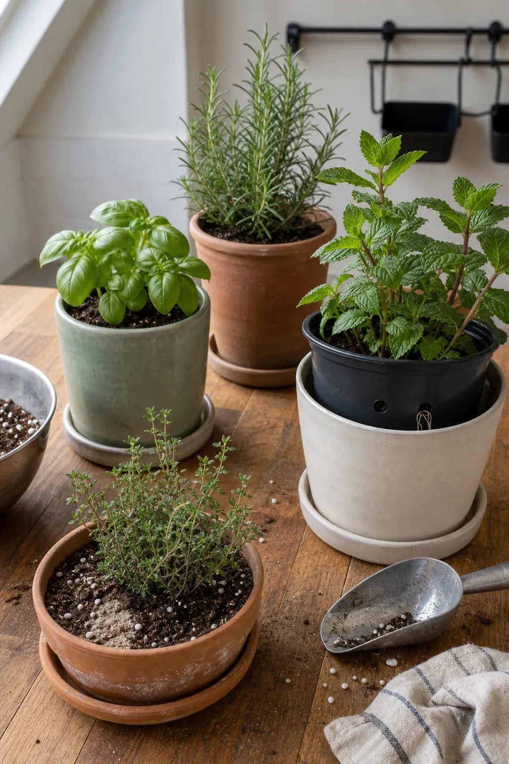 Different indoor herb pot sizes matched to basil thyme mint and rosemary