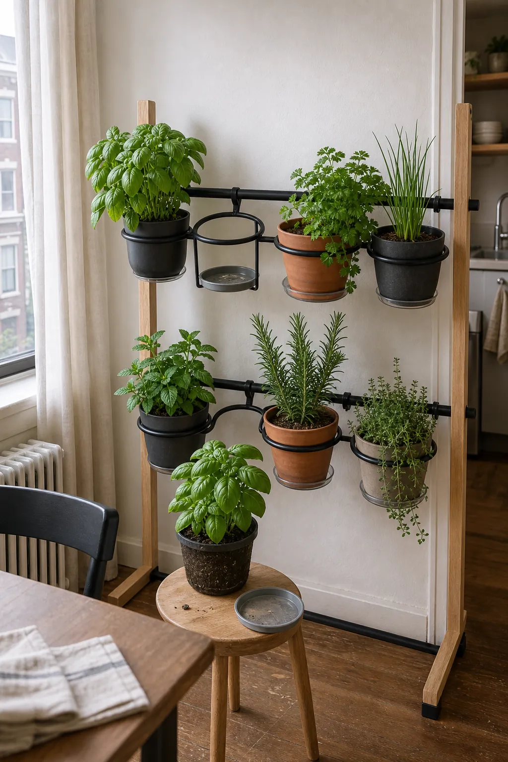 Modular indoor herb wall rail with separate removable pots