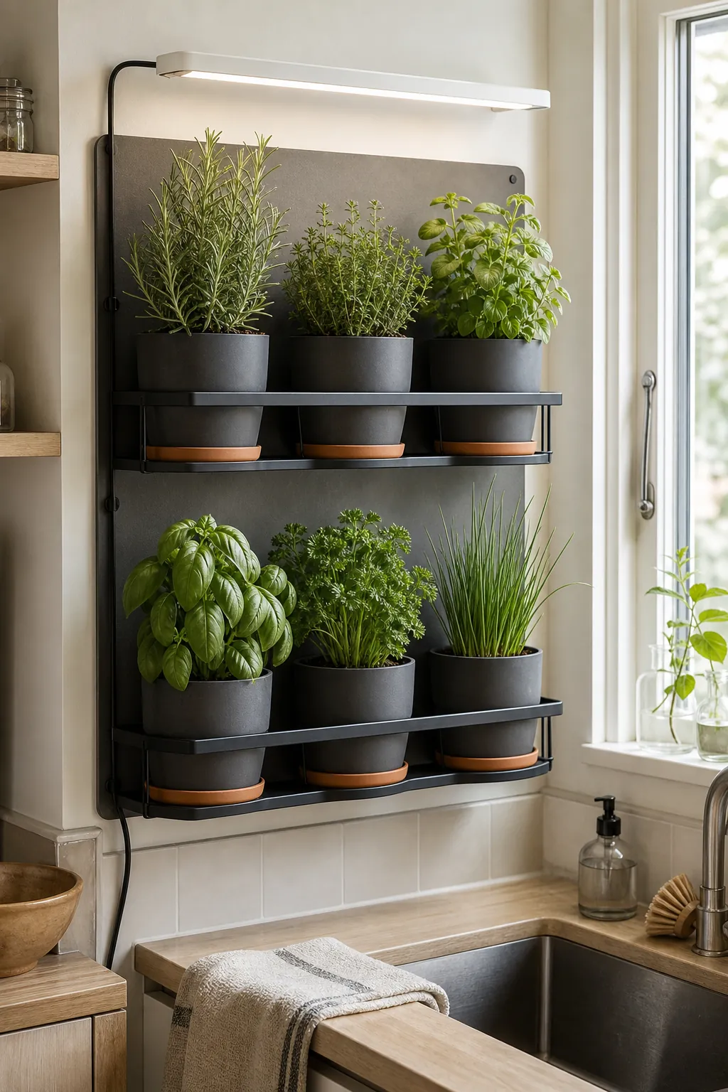 Healthy modular wall herb garden indoors with removable pots