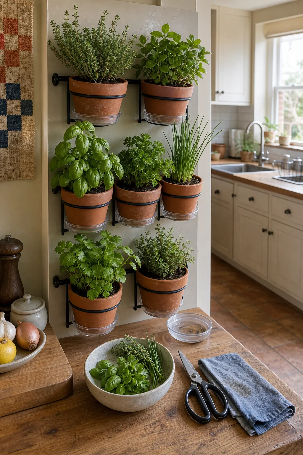 Accessible indoor herb wall beside a kitchen prep counter with clean tools