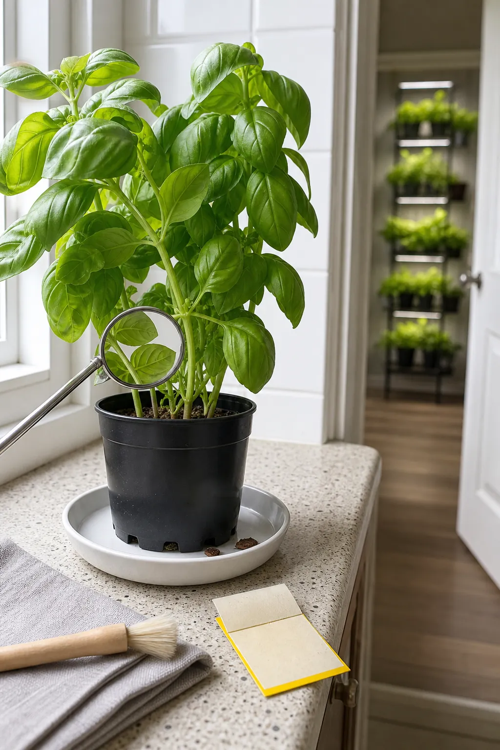 New potted basil isolated for a careful indoor pest inspection