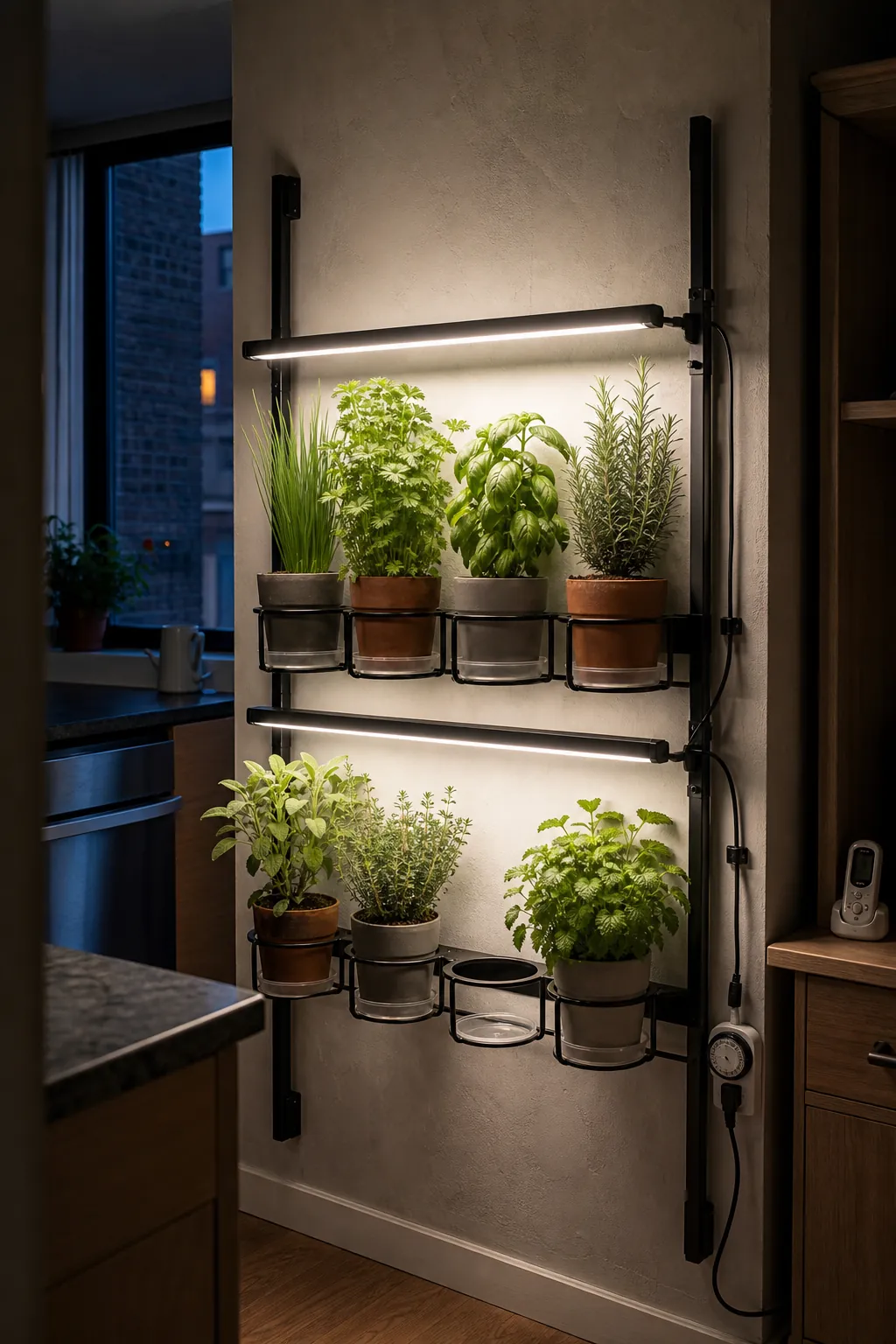 Tiered indoor herb wall evenly illuminated by adjustable white grow lights
