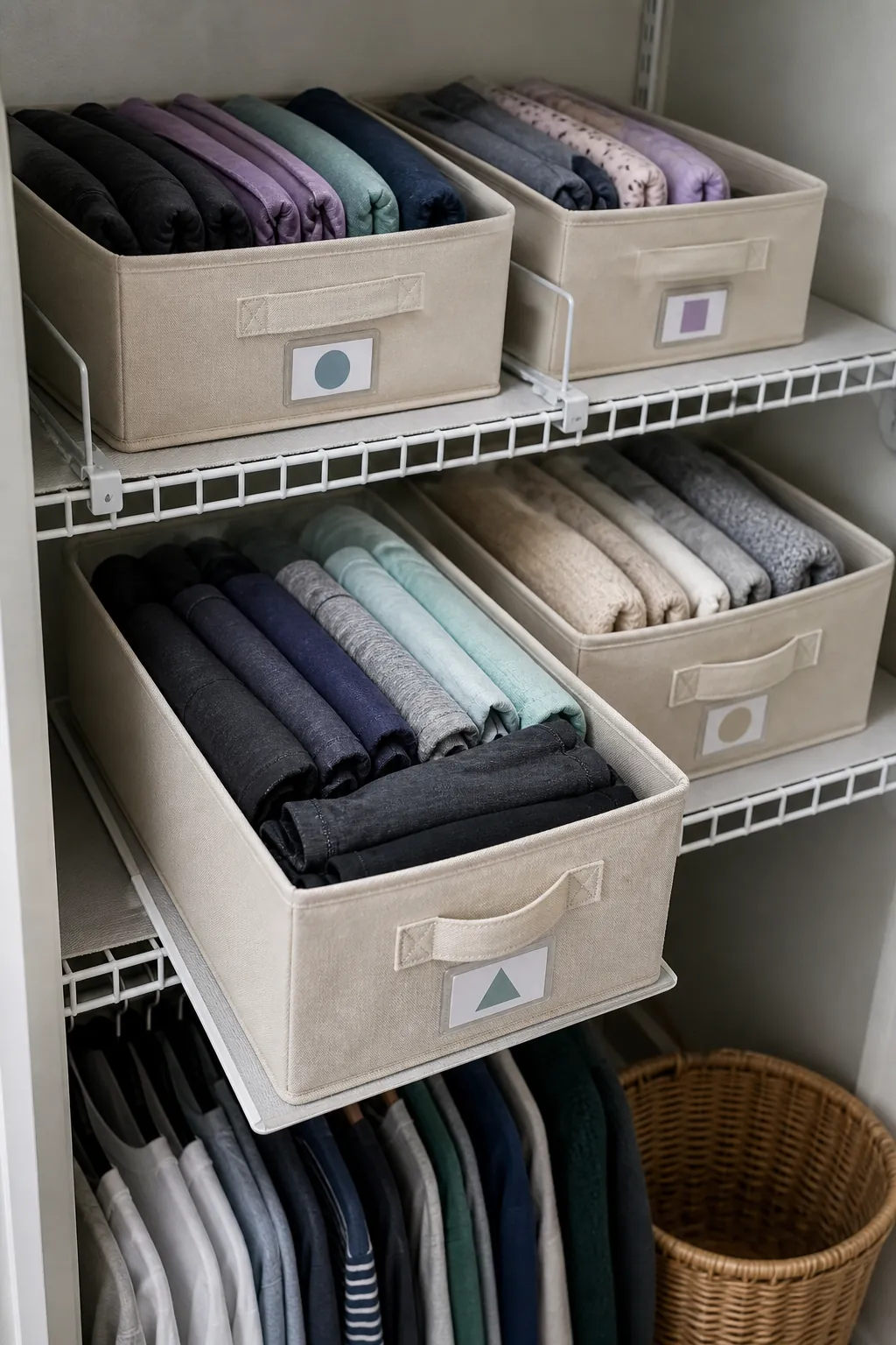 Soft clothes file folded into removable shelf bins in a rental closet