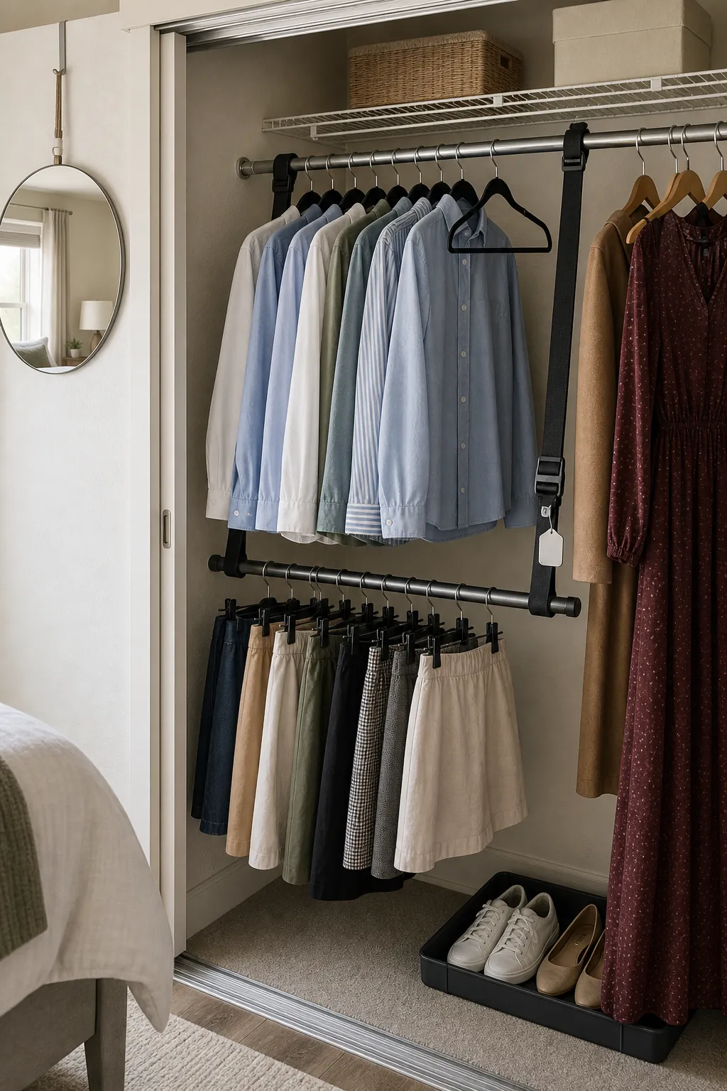 Removable double hanging rod adding space below shirts in a small closet