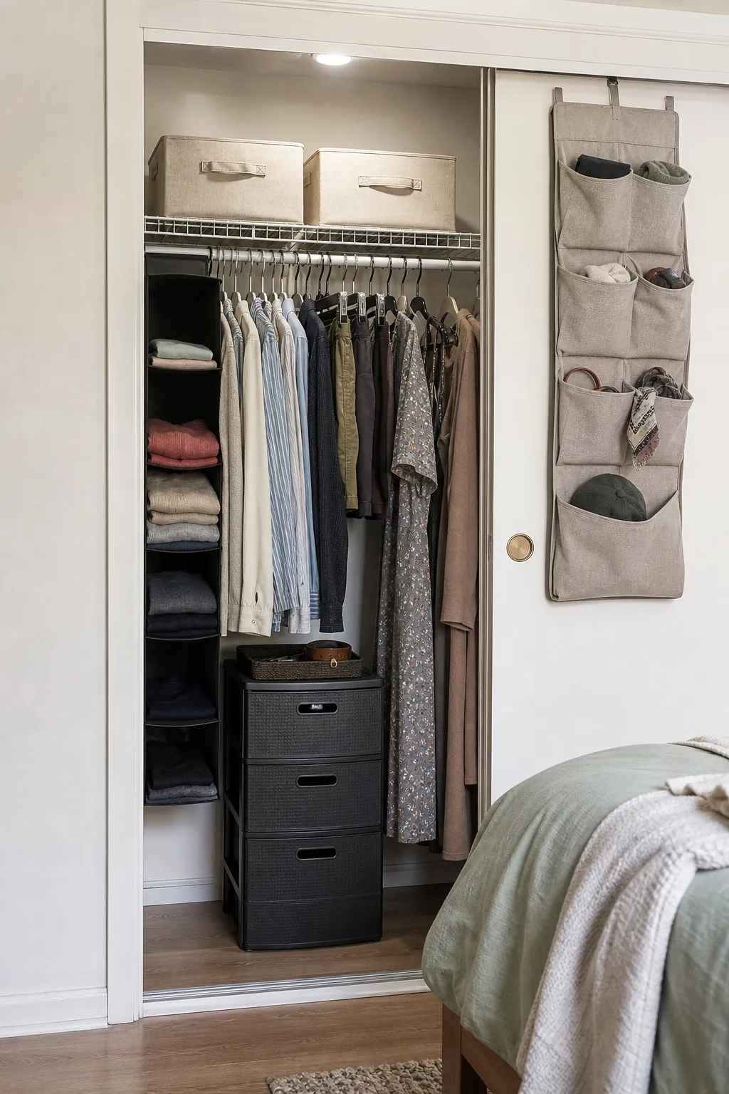 Renter-friendly small closet organized with removable shelves bins and hanging storage