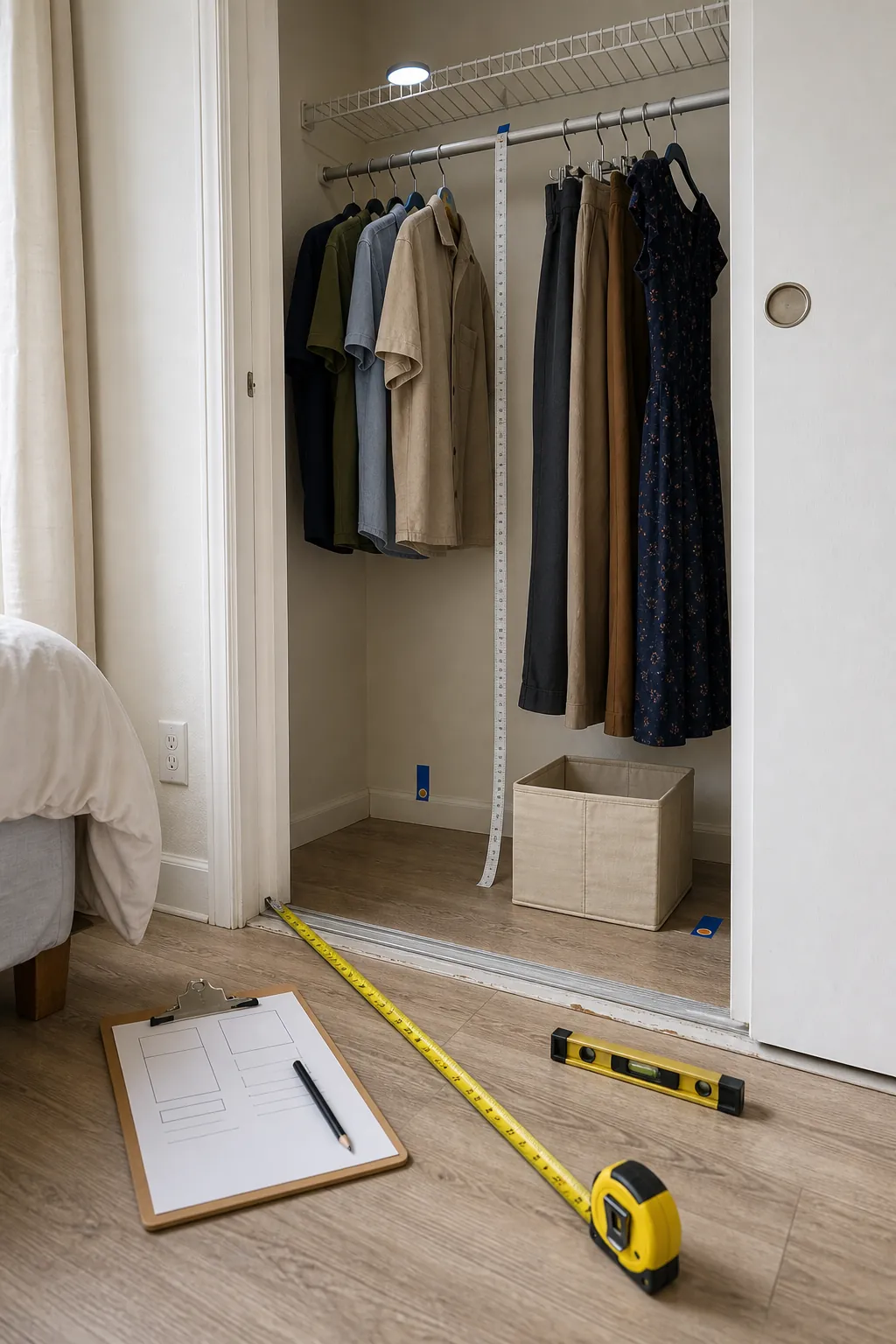 Small rental closet measured into hanging shelf and floor storage zones