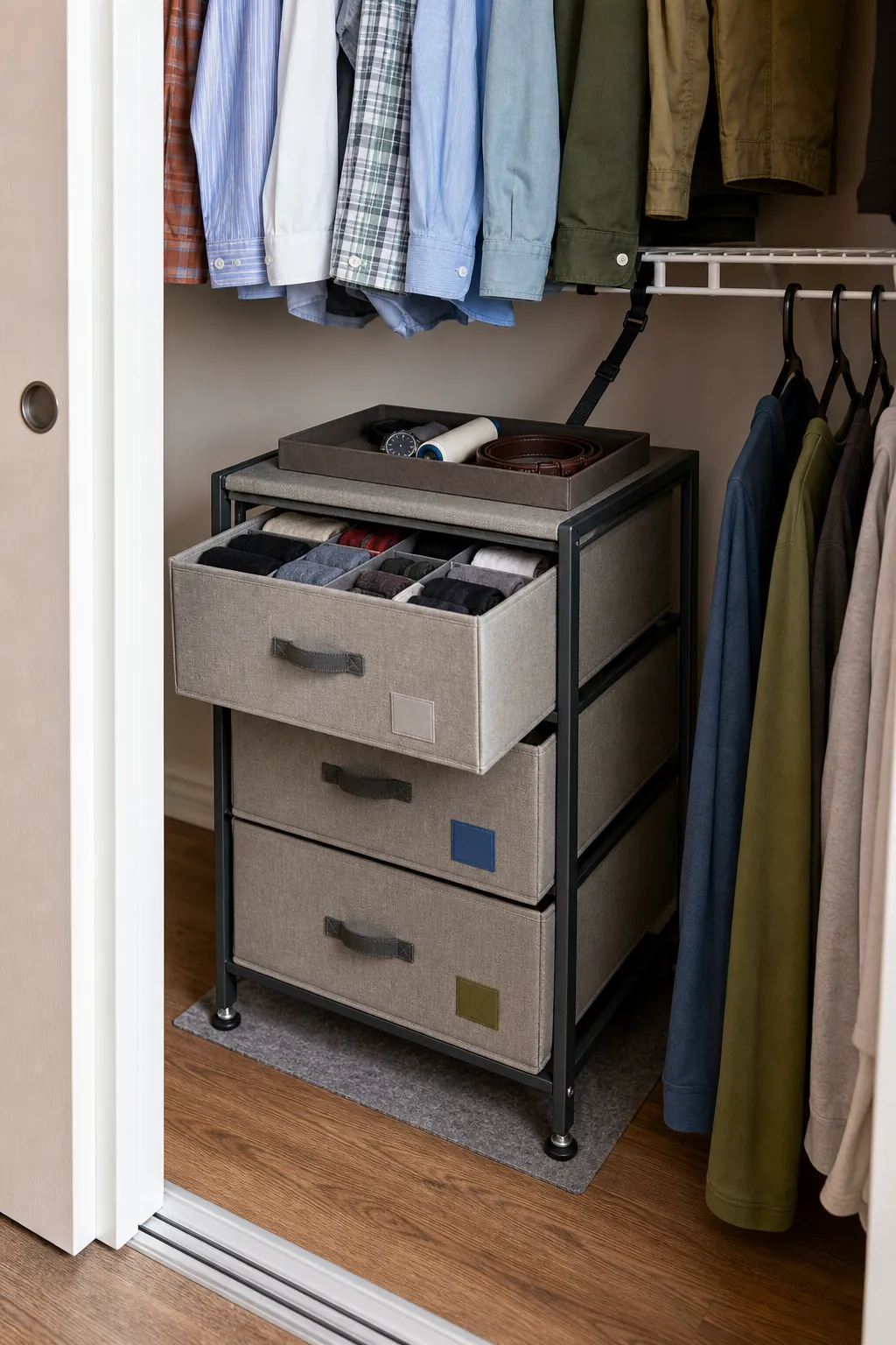 Narrow freestanding drawer tower fitted below shirts in a small rental closet
