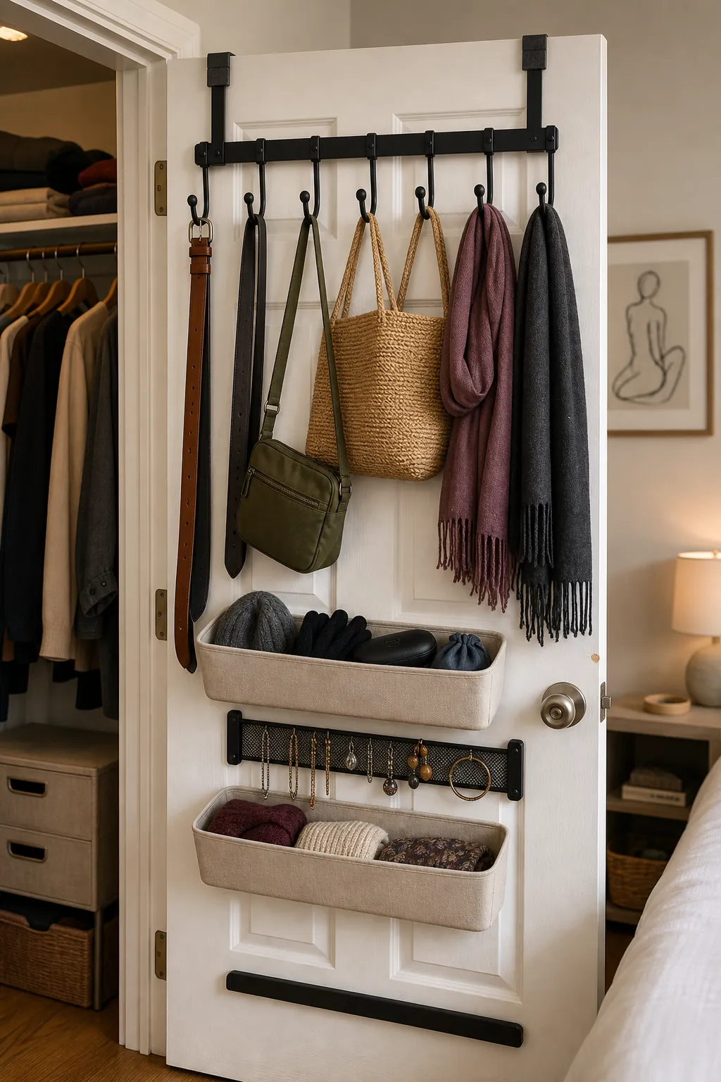 Over-door organizer storing belts scarves and bags outside a small rental closet