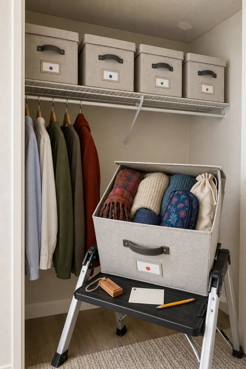 Lightweight seasonal storage bins safely arranged on a small closet top shelf