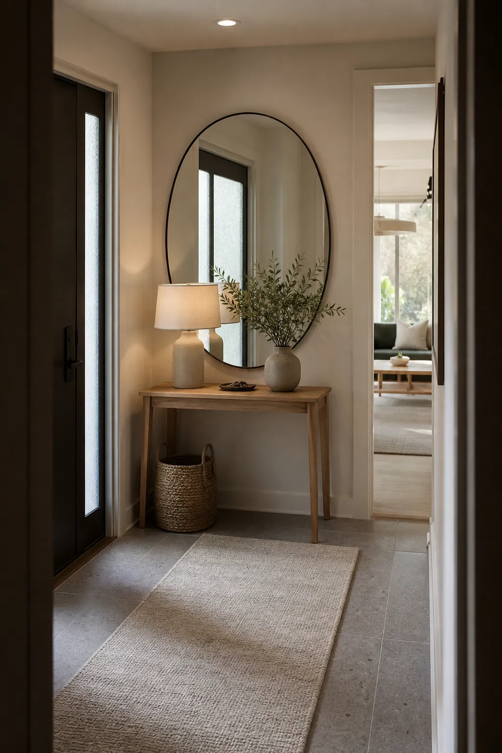 Large mirror reflecting soft light through a previously dark entryway