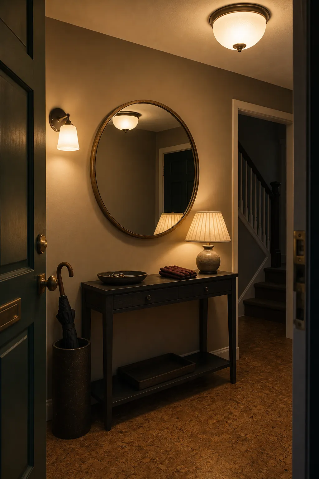 Dark entryway mirror reflecting layered ceiling sconce and lamp lighting