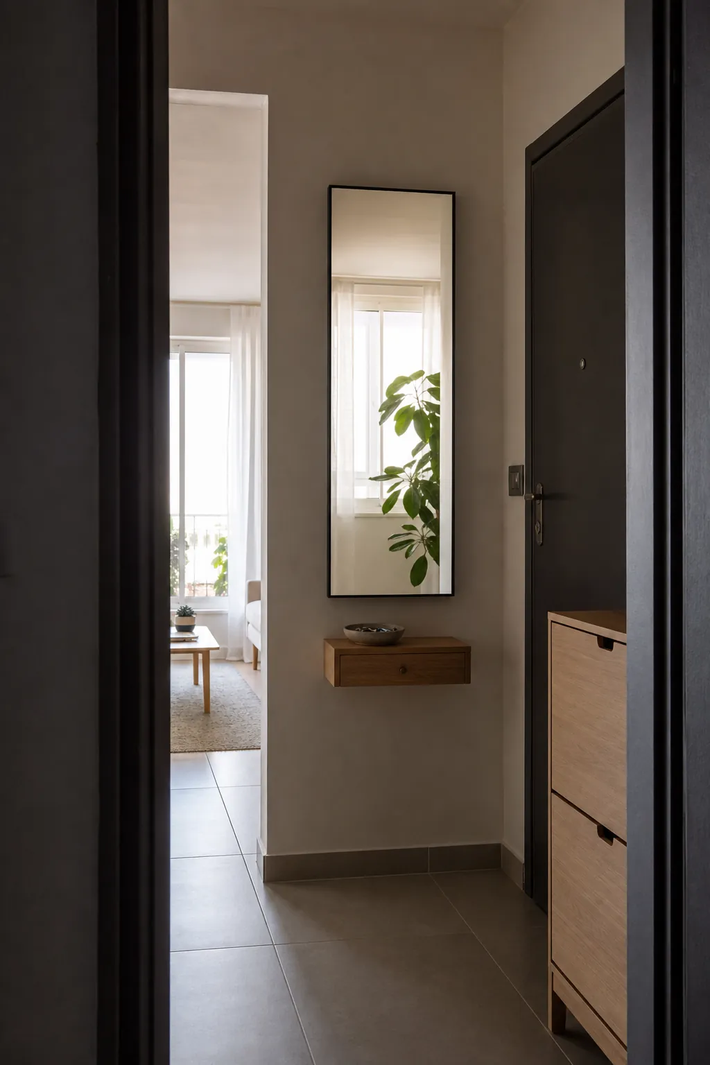 Entryway mirror borrowing daylight from an adjacent room window