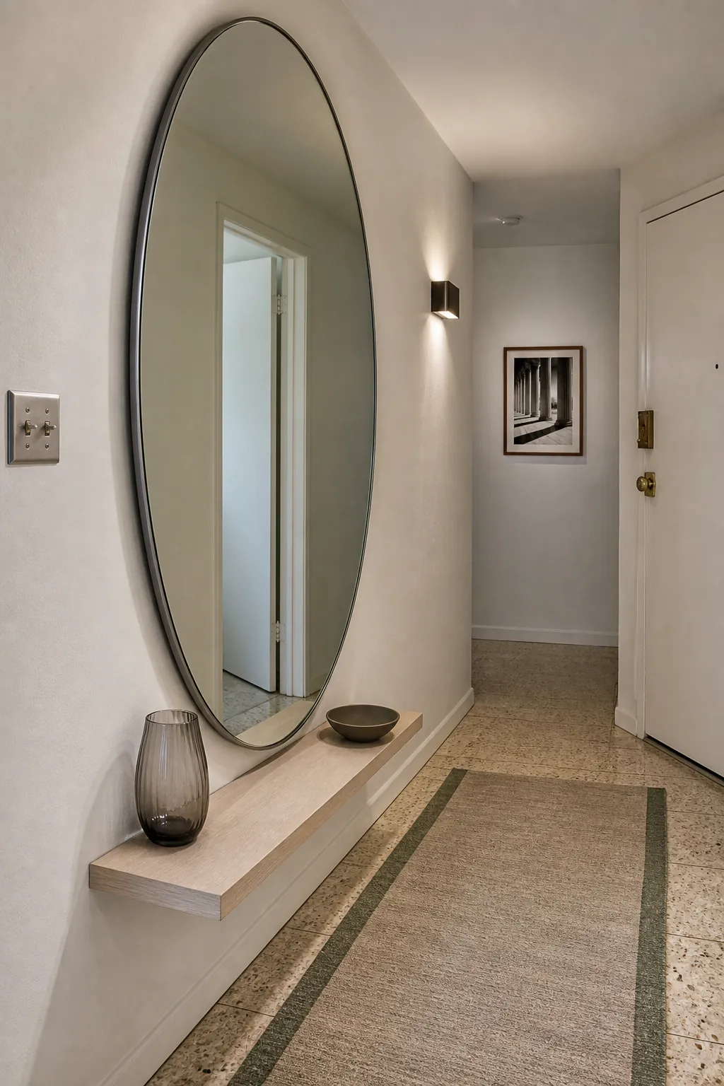 Large slim frame mirror opening up a narrow dark foyer