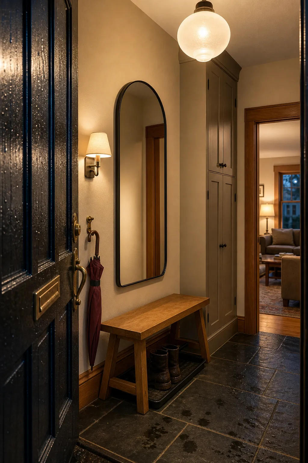 Entryway mirror creating a soft useful evening glow without glare