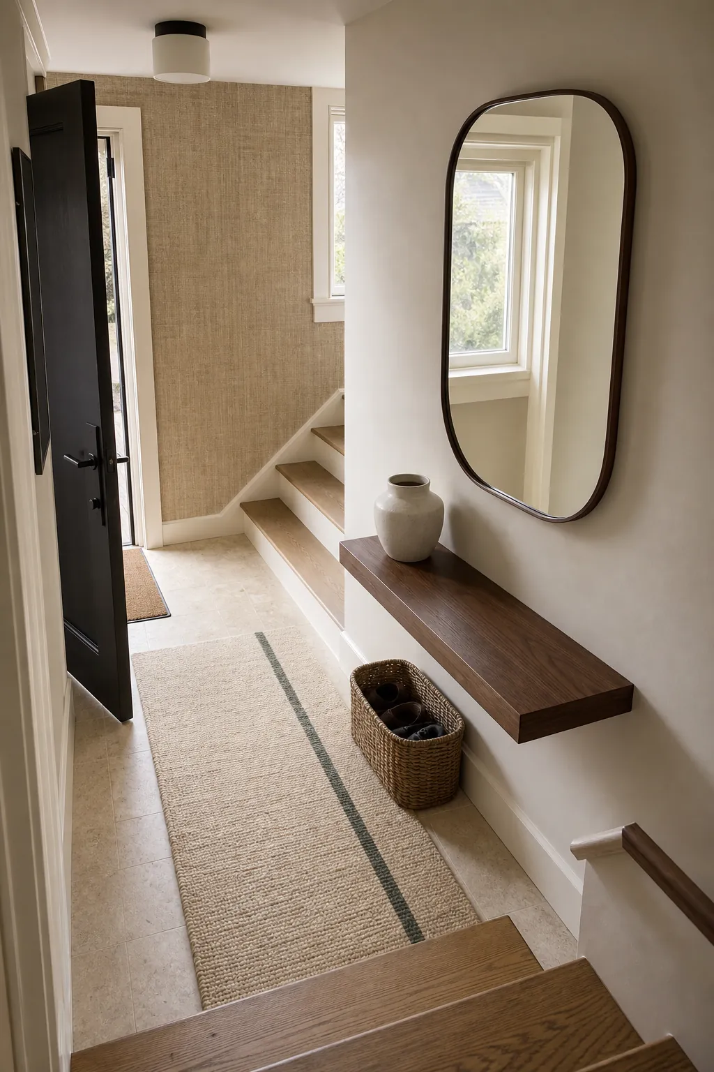 Mirror with pale runner and light surfaces brightening an entryway