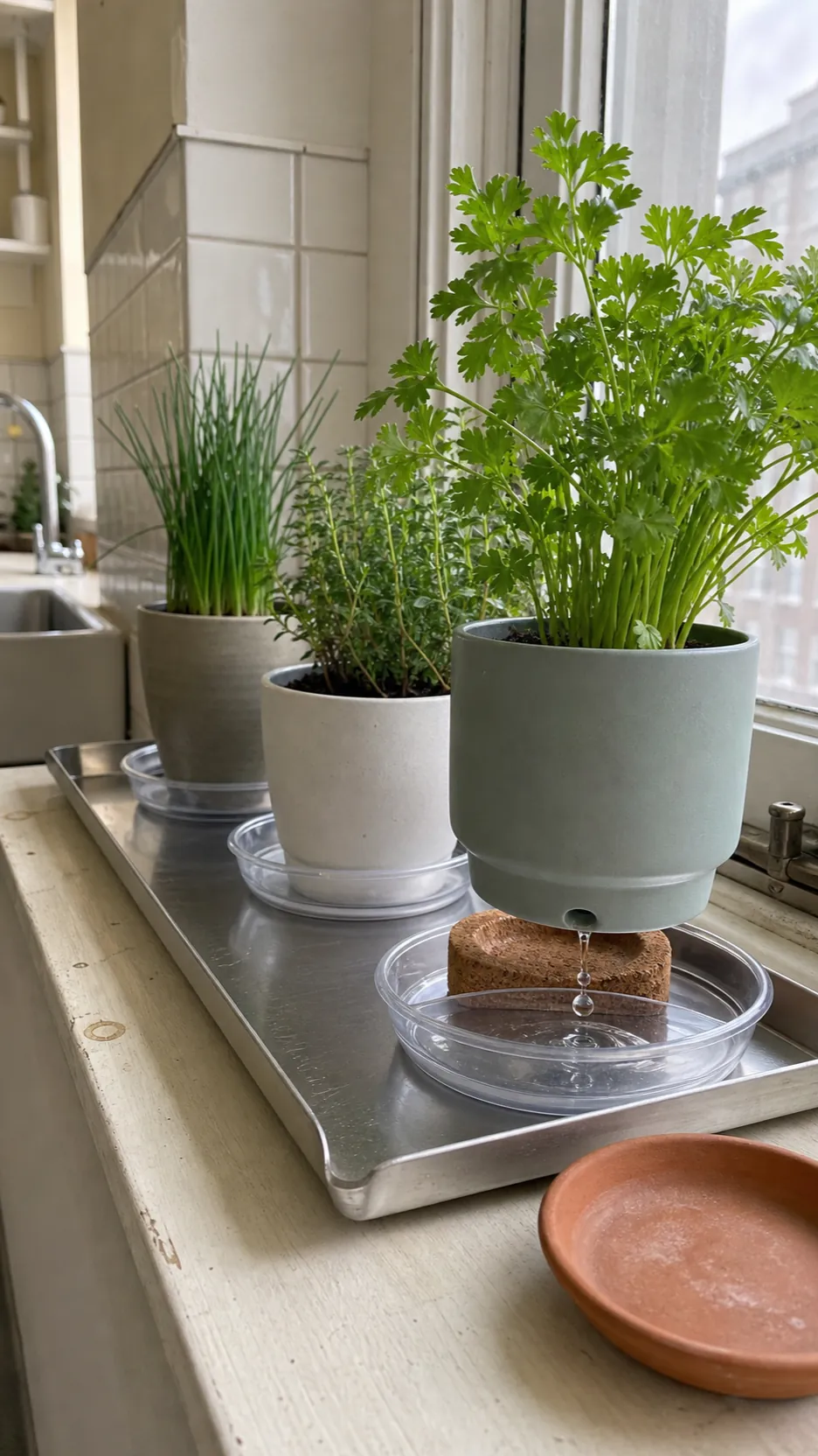 Waterproof tray protecting a kitchen windowsill under separate draining herb pots