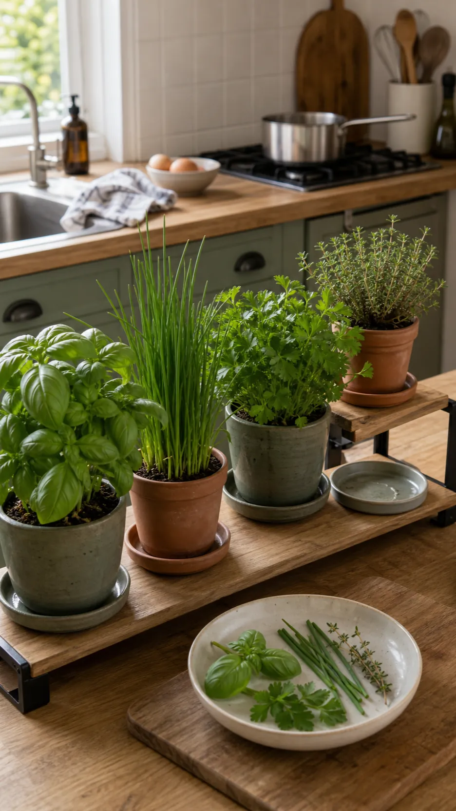 Kitchen herb garden selected for everyday cooking with separate pots