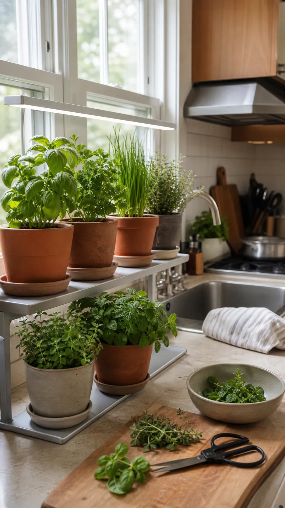 Productive indoor kitchen herb garden beside a bright window