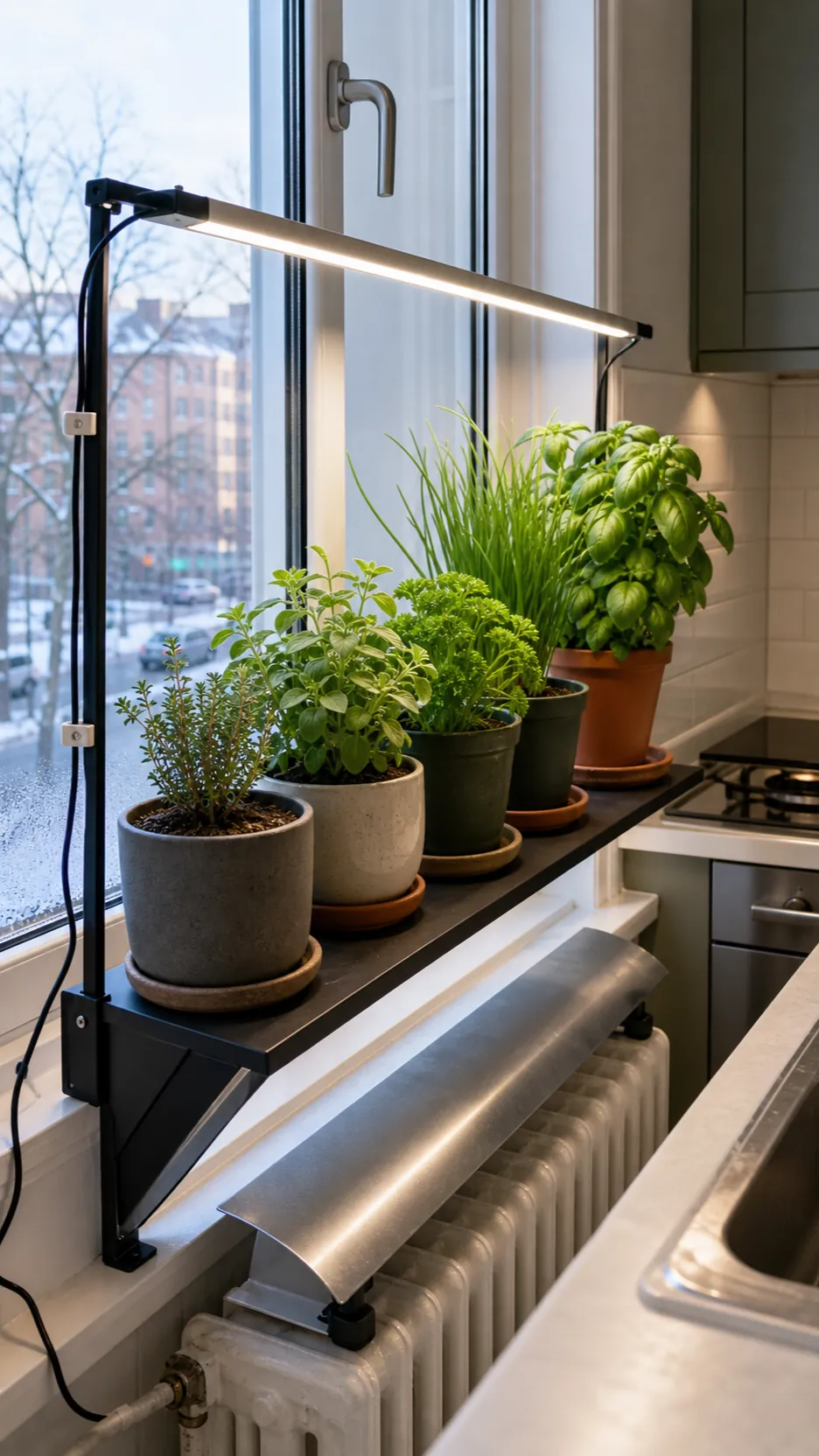 Kitchen window herb garden receiving strong daylight and supplemental white light