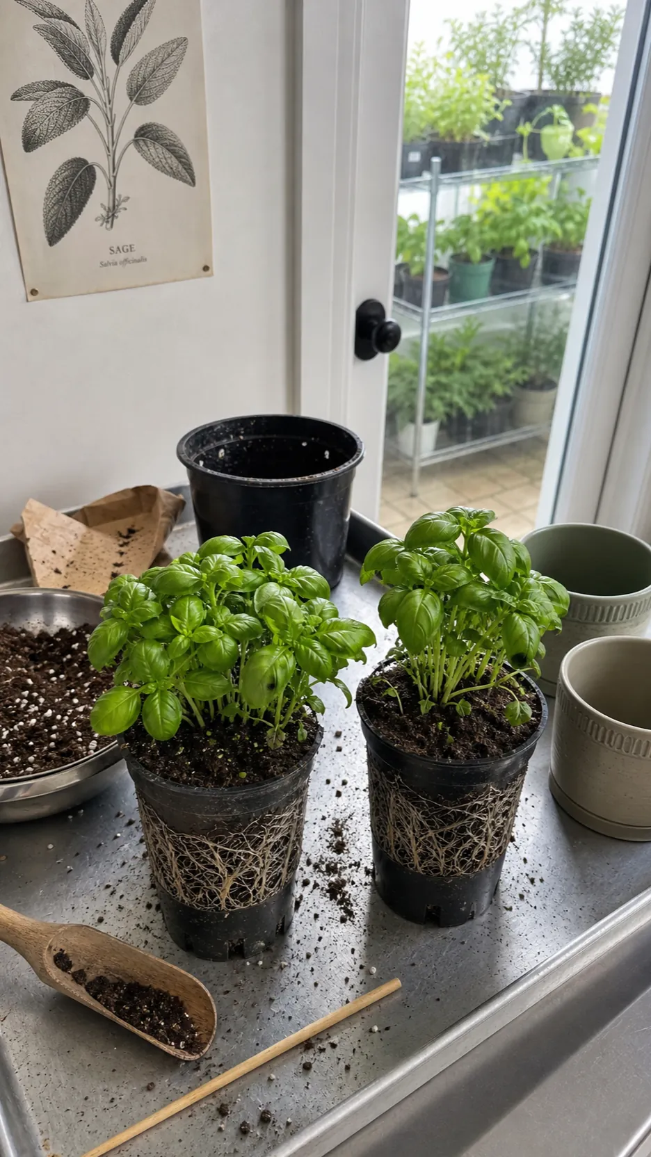 Crowded supermarket basil divided into healthy kitchen herb pots