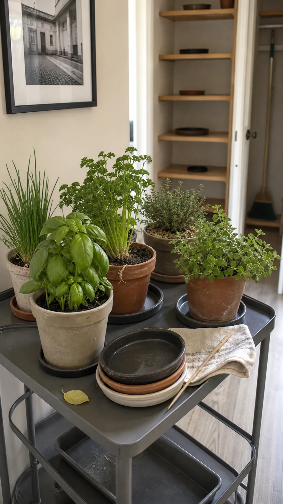 Weekly kitchen herb care with rotated pots clean trays and healthy foliage
