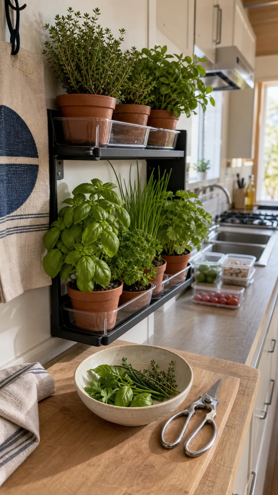 Clean indoor kitchen herb harvest station with shears and a small bowl