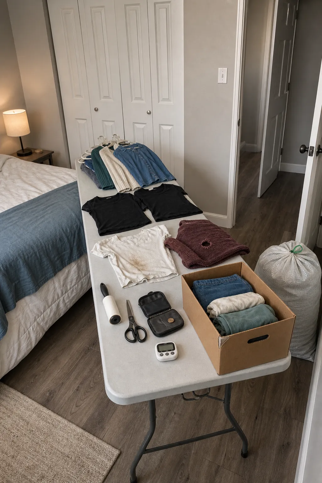 Damaged duplicate and unwanted clothes sorted into an easy-exit donation box