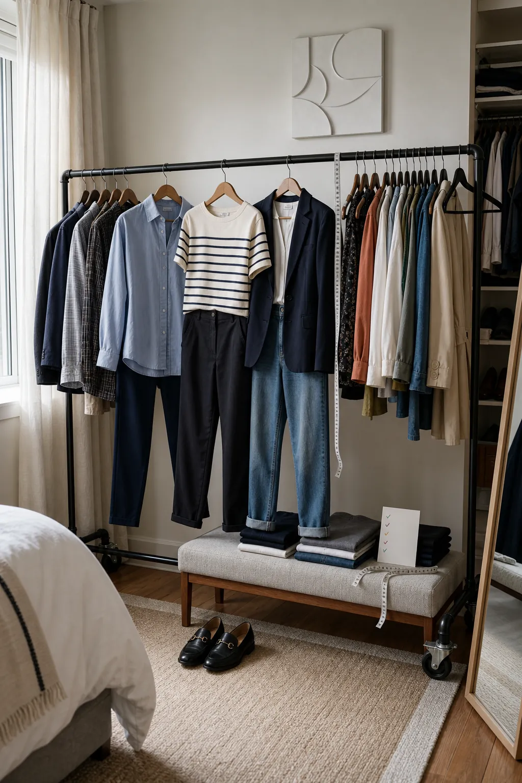 Favorite clothes selected first on a temporary garment rack beside the closet
