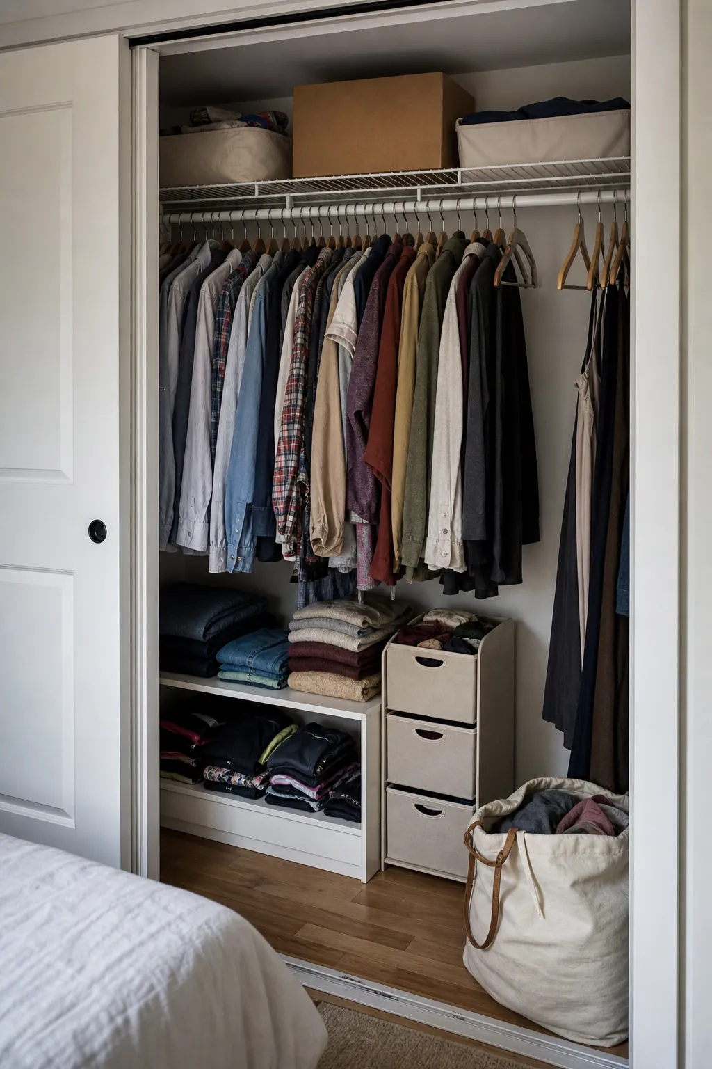 Full but organized bedroom closet with clear clothing categories and open space