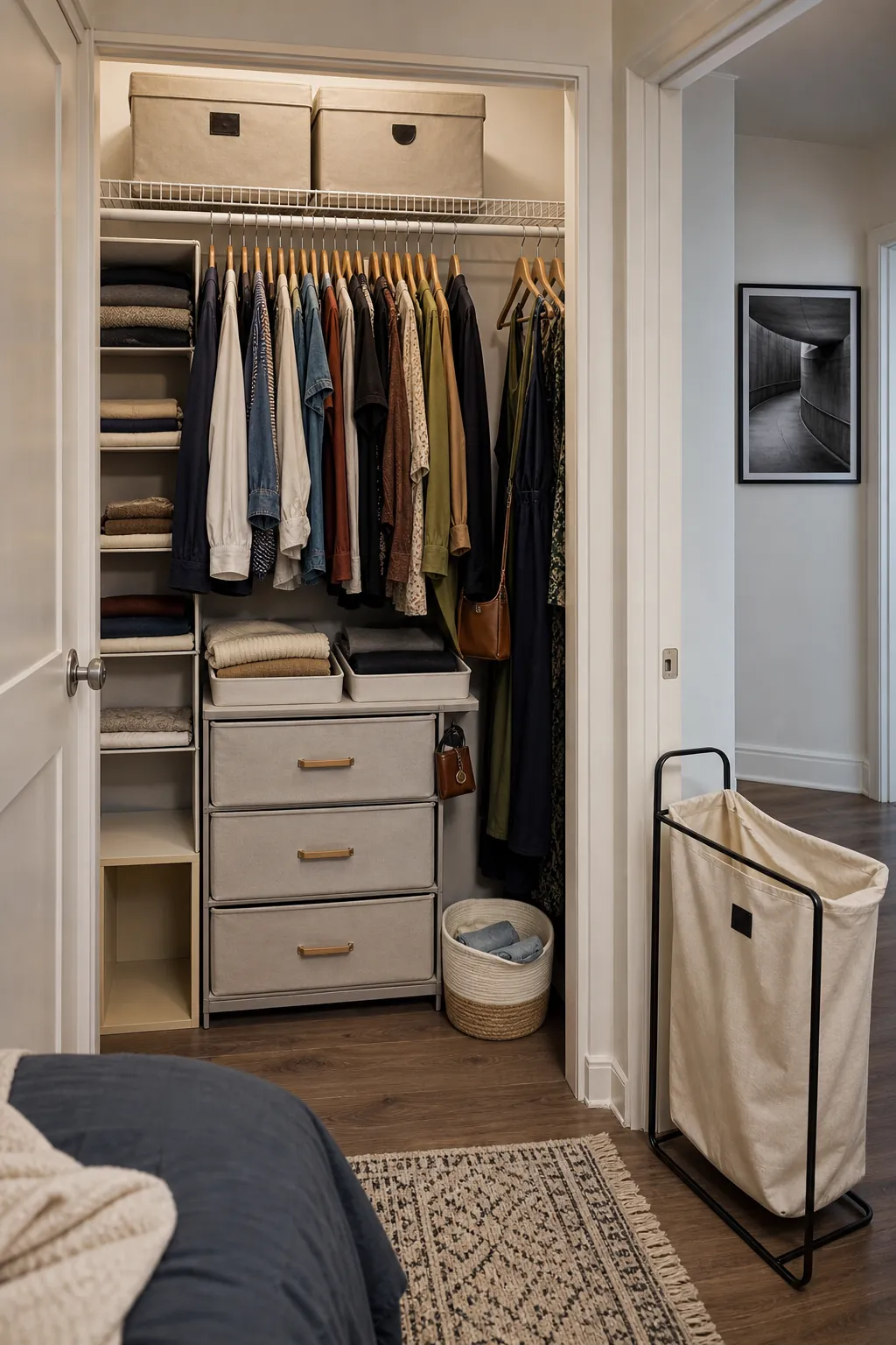 Finished closet organized by daily seasonal repair and donation zones
