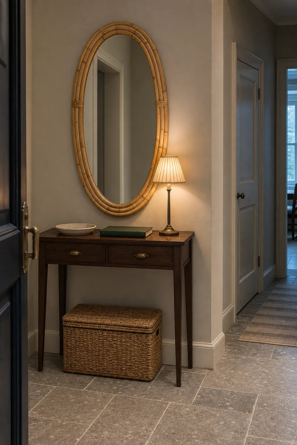 Bamboo wall mirror proportioned above a slim wood entryway console