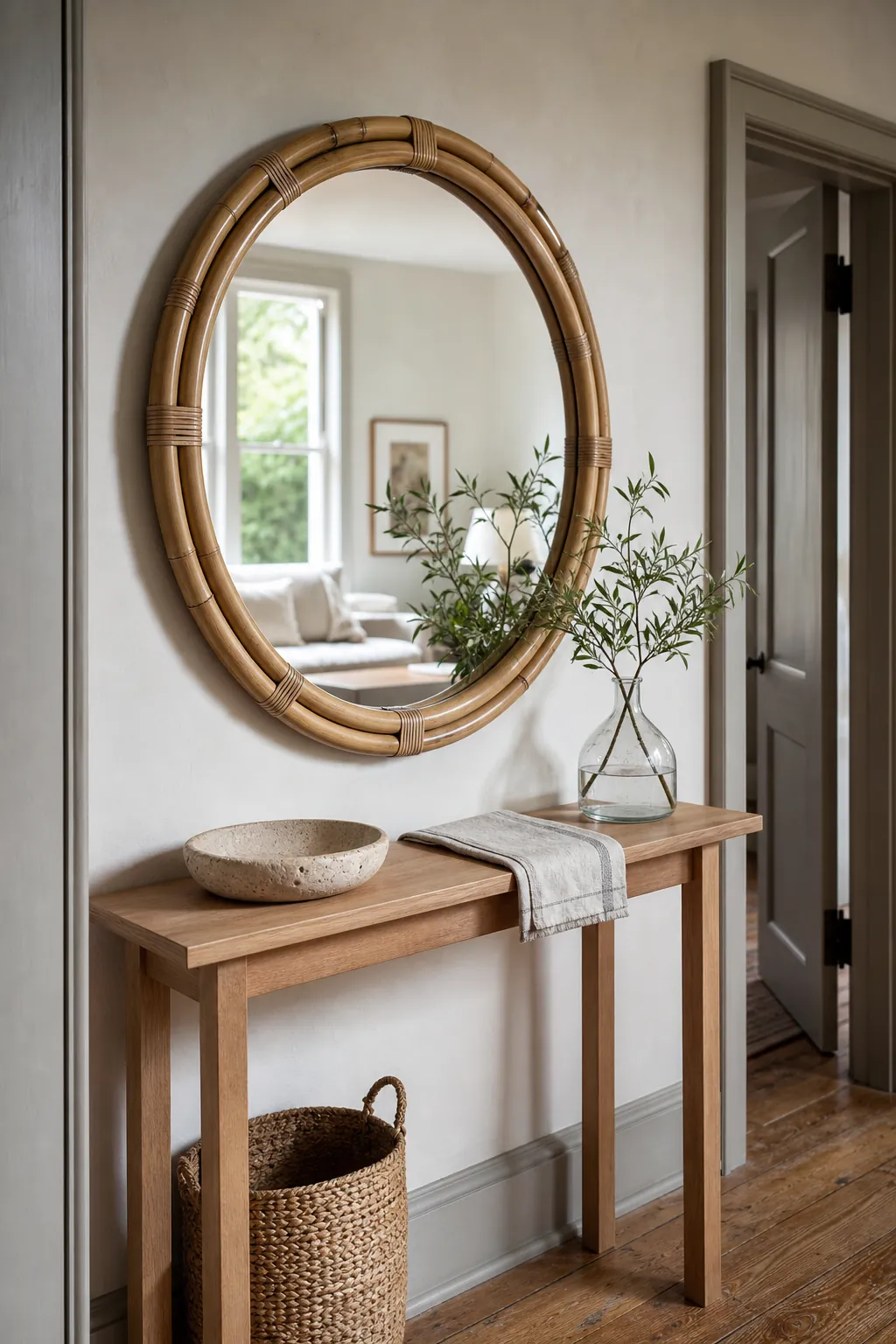 Bamboo mirror styled in a warm natural home interior