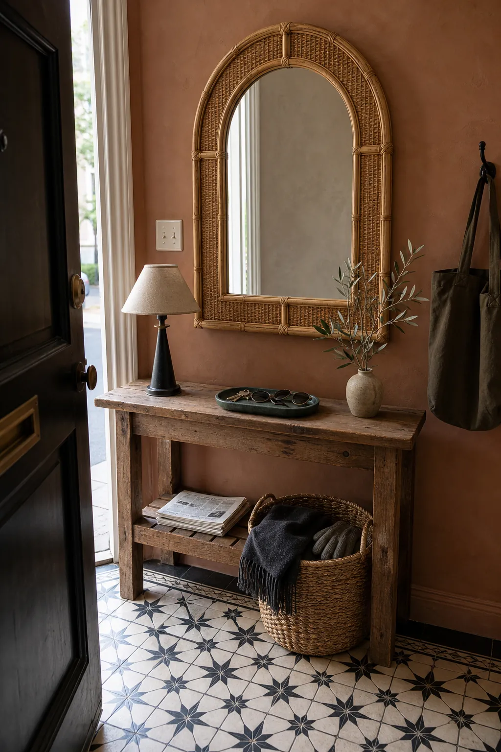 Bamboo entryway mirror styled with a lamp key tray and woven basket