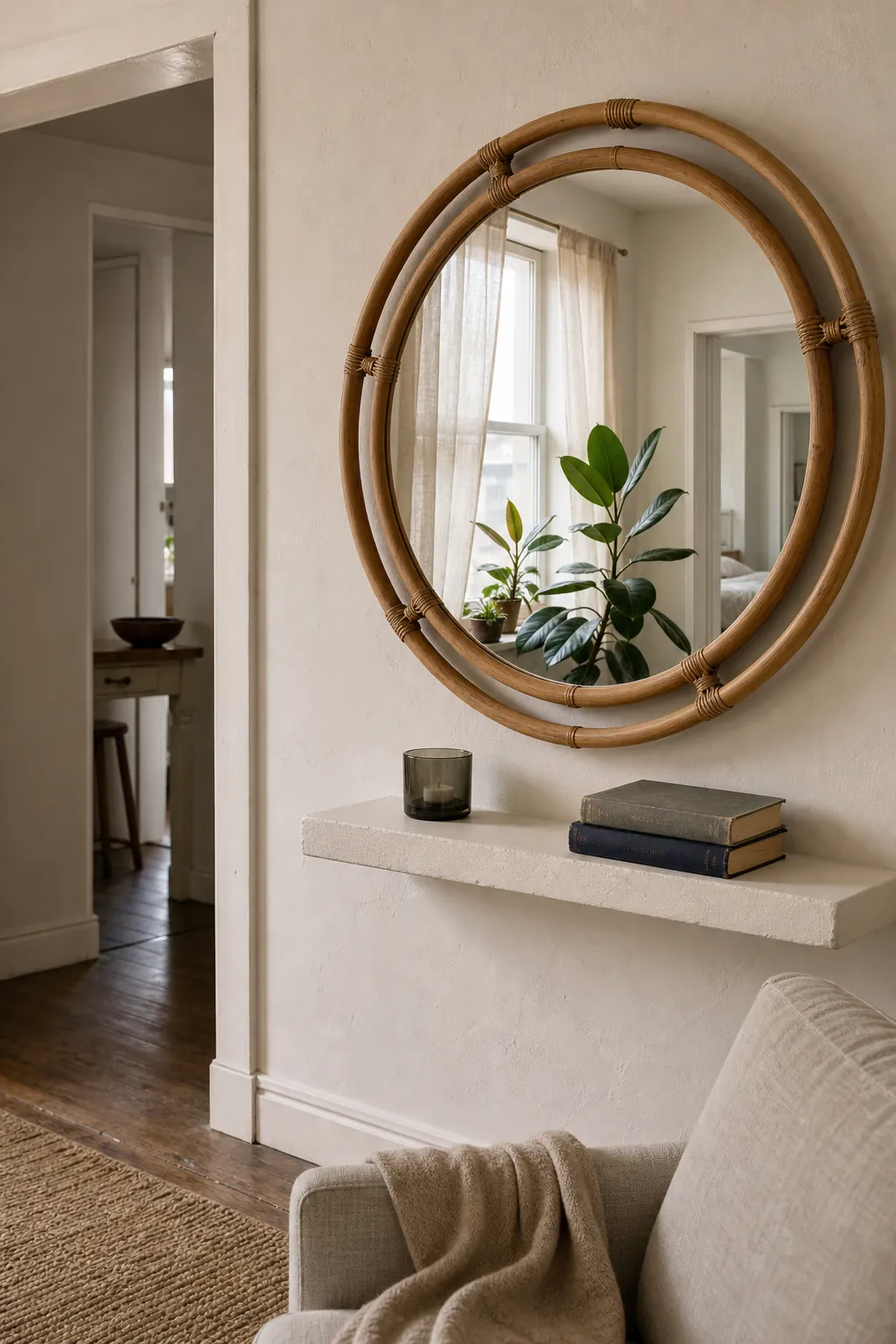 Round bamboo mirror reflecting soft window light in a natural living room