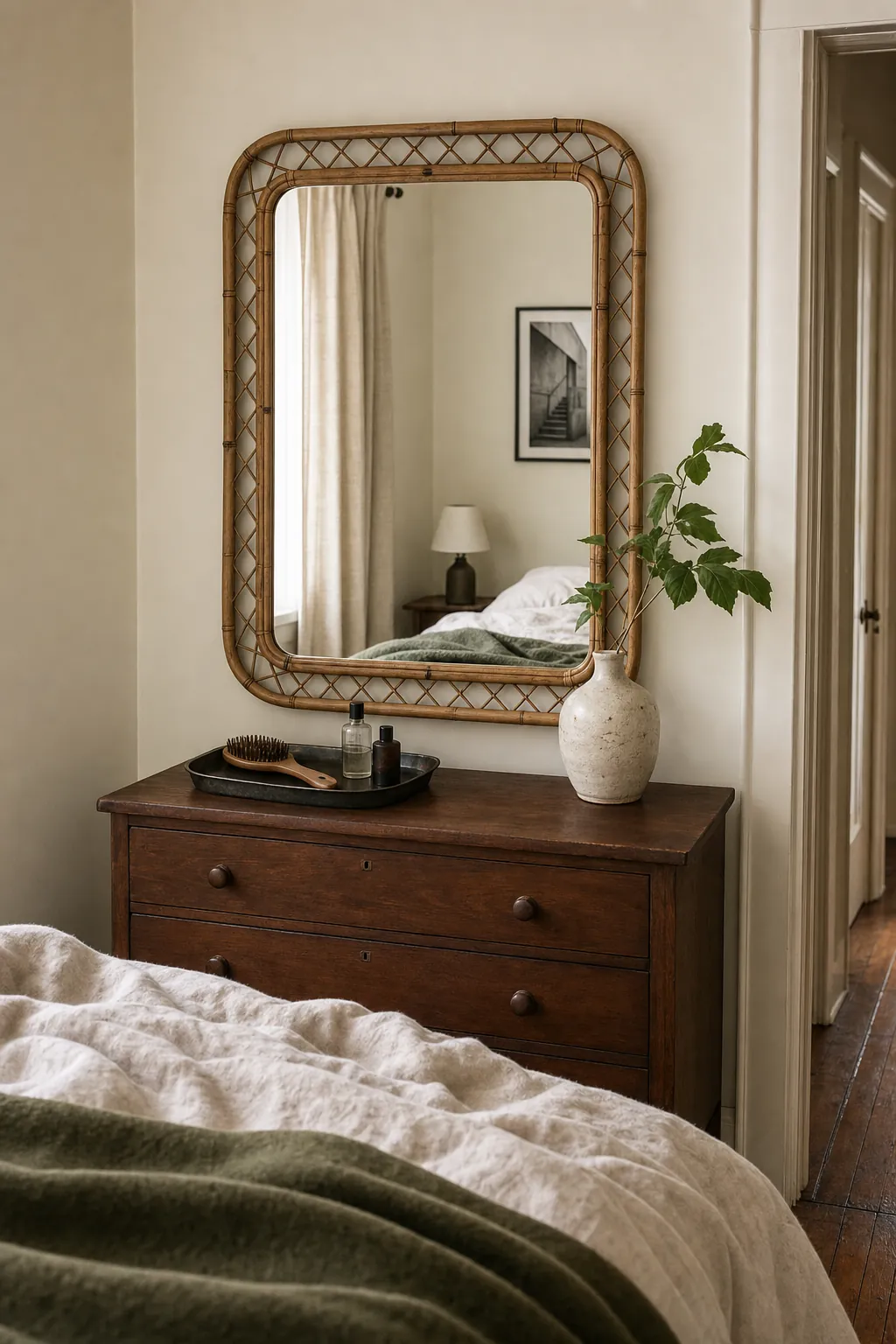 Bamboo bedroom mirror above a walnut dresser with relaxed linen textures