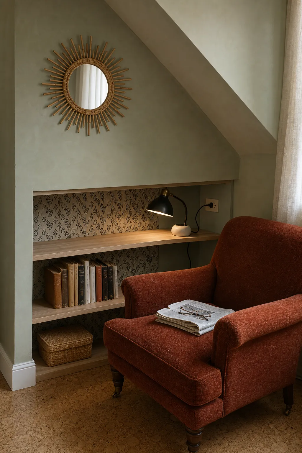 Bamboo mirror in a restrained reading corner with practical natural details