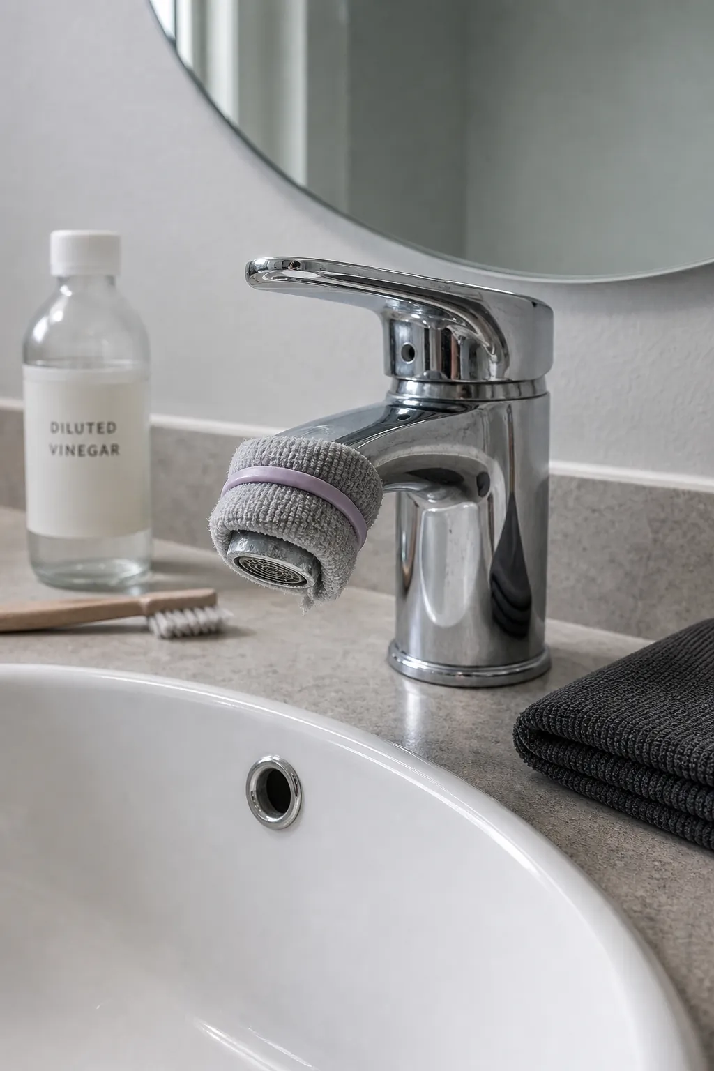 Microfiber cloth removing hard-water spots from a chrome faucet