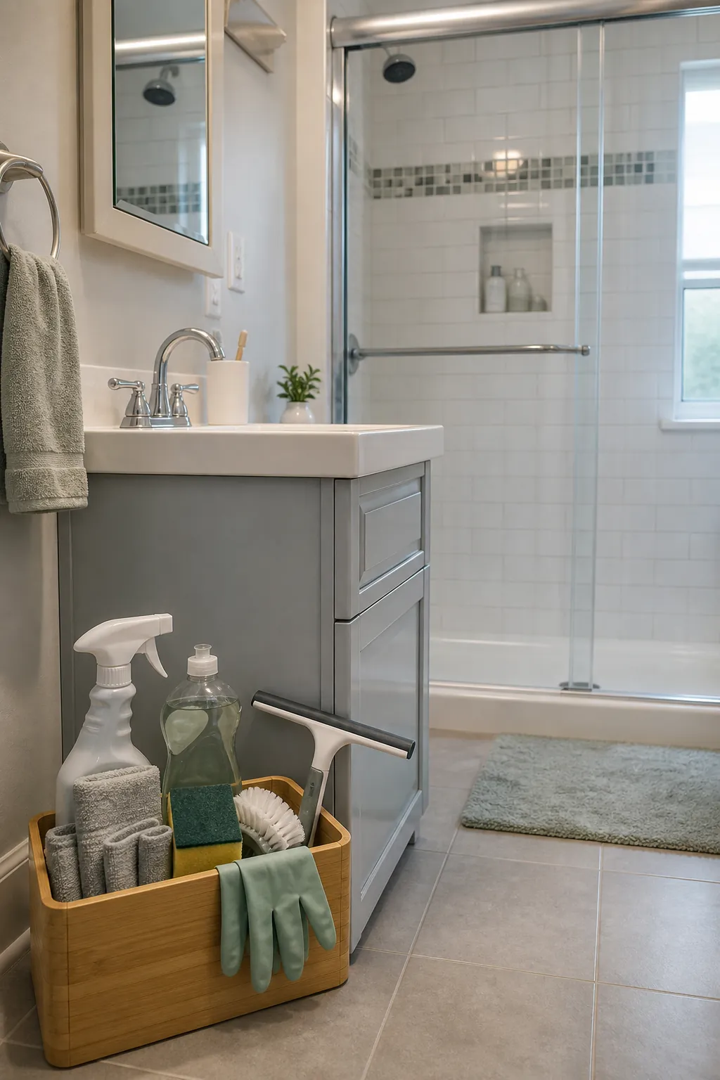Freshly cleaned compact bathroom with practical DIY cleaning supplies