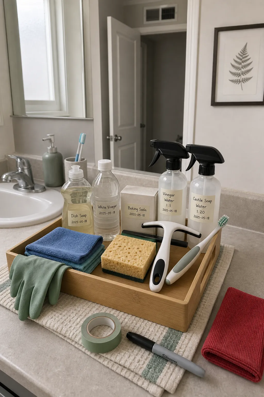 Organized DIY bathroom cleaning kit beside a compact vanity