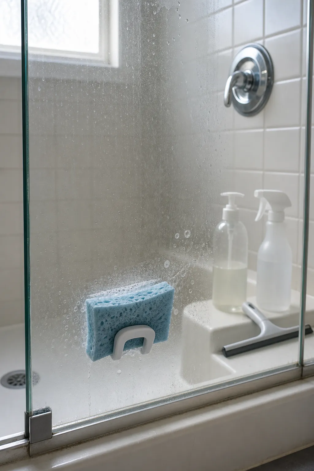 Non-scratch sponge loosening soap scum from glass shower door