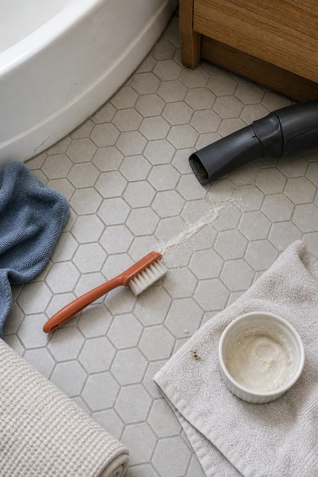 Soft nylon brush cleaning bathroom floor grout with baking soda paste